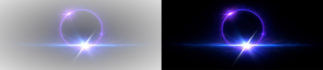 Obraz premium Purple glowing energy ring with bright lens flare and luminous light rays, abstract futuristic cosmic effect illustration on transparent background