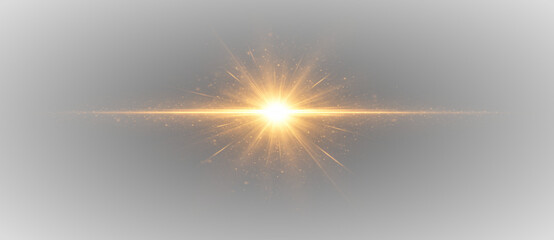 Golden light explosion with bright starburst rays and horizontal lens flare, abstract glowing energy effect illustration on transparent background