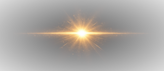 Golden light explosion with bright starburst rays and horizontal lens flare, abstract glowing energy effect illustration on transparent background