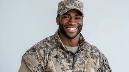 185Portrait of male soldier in camouflage fatigues, smiling at camera, plain white background, military discipline and approachability balanced