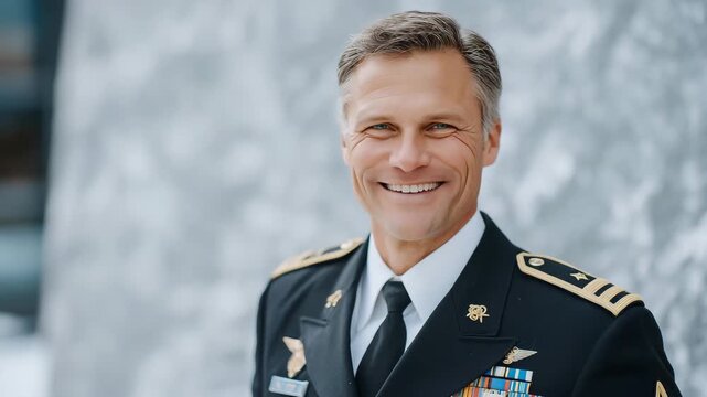 182Portrait of a male army officer in dress uniform, smiling proudly, light gray background, medals and insignia in focus