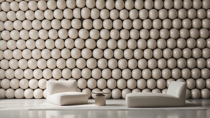 Minimalist interior design featuring contemporary white seating against a striking three dimensional beige sphere wall texture