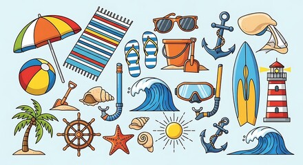 Summer Beach Vacation Essentials Collection Illustration.