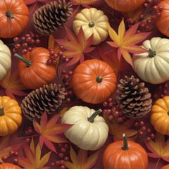 Seamless pattern of orange and white pumpkins pine cones and autumn leaves