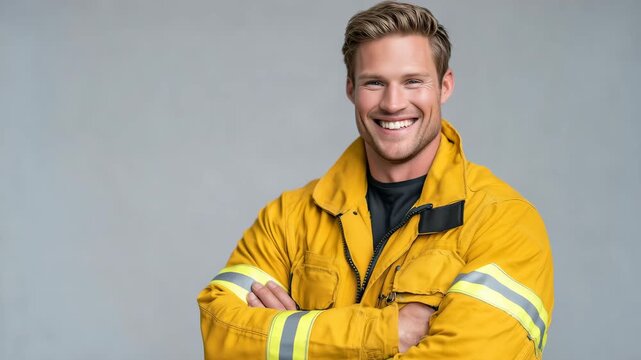 189Male firefighter with folded arms, smiling, light gray background, conveying strength and reassurance