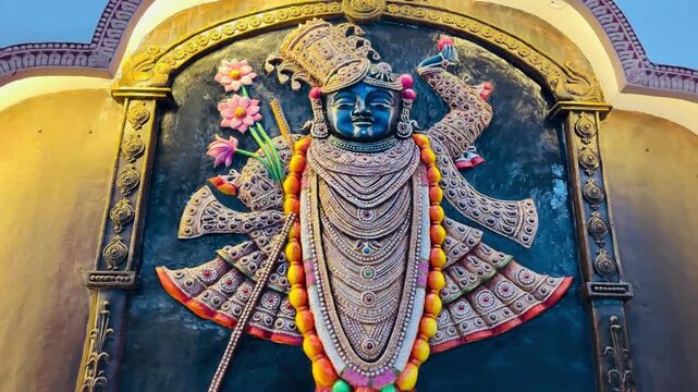 Shreenath Ji, the revered child form of Lord Krishna, adorned with elaborate jewelry, floral garlands, and rich traditional attire.