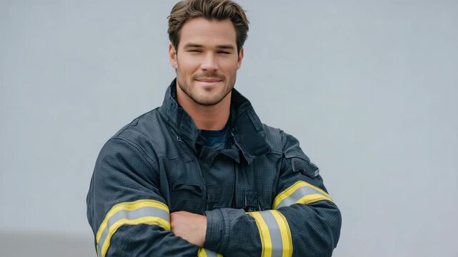 190Male firefighter with folded arms, smiling, light gray background, conveying strength and reassurance