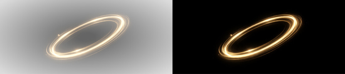 Golden glowing light ring with smooth circular energy loop and luminous trails, abstract dynamic...