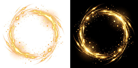 Magic golden light swirl ring with glowing bokeh particles background PNG