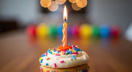 A single lit candle on a cupcake with colorful sprinkles on a wooden table.