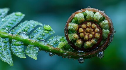 A tightly coiled fern frond unfolds, glistening with raindrops, green backdrop
