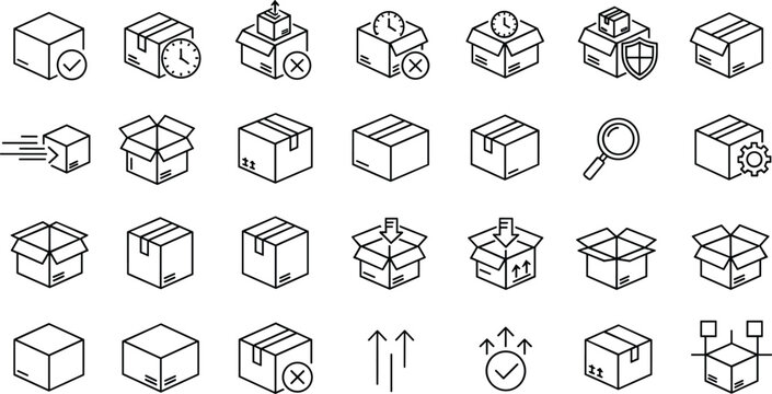 Complete set of logistics and shipping line icons featuring cardboard boxes package delivery tracking inventory management warehouse storage and distribution symbols