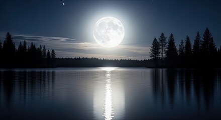 Full moon over a serene lake with silhouettes of trees and a starry sky.