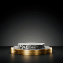 Luxury black marble and gold round podium for product presentation on a dark studio background
