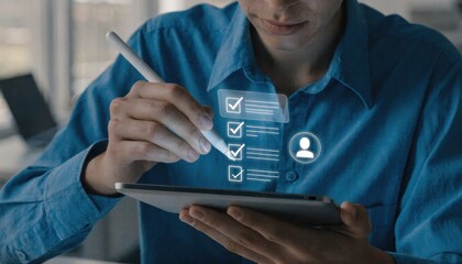 A businessman in a professional office uses modern technology by touching a virtual screen on a tablet pc to manage healthcare and medical data for people