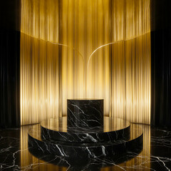Tiered circular black marble podium with a textured gold curtain background, luxury stage for high-end beauty and fashion