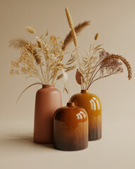Three ceramic vases with dried floral arrangements in warm earth tones