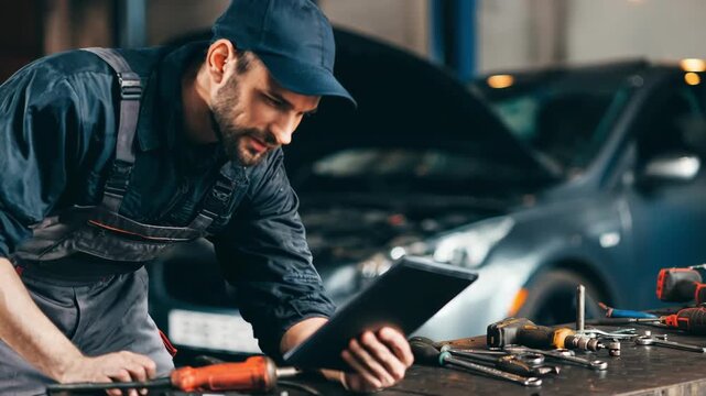 Mechanic analyzing emission system status on a tablet while performing routine OBD system check indoors.