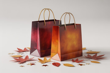 Two paper shopping bags with autumn leaves and star confetti on a white background