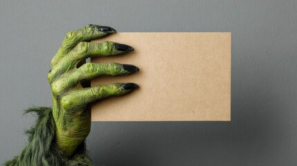 A monstrous green hand, with long black claws, holding a blank rectangular brown card against a grey background