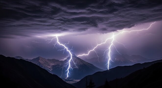 A dramatic lightning storm over a mountain range at night. - Powered by Adobe