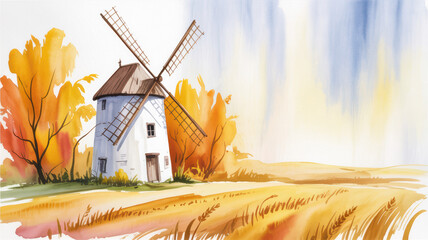 Watercolor illustration of a white windmill amidst autumn trees and golden fields