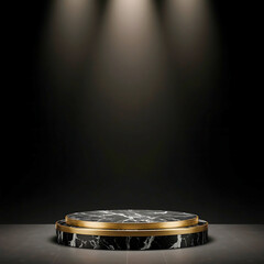 Two-tier black marble podium with gold trim and multiple spotlights for premium showcase