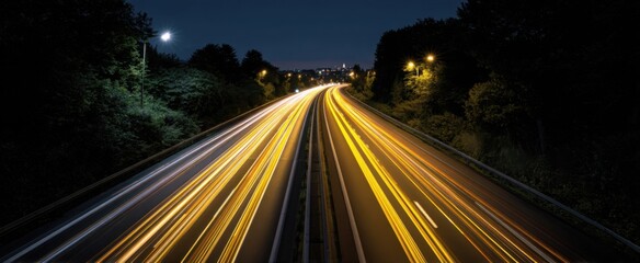 Vibrant long exposure shot of brilliant headlights creating streaks on a busy road.