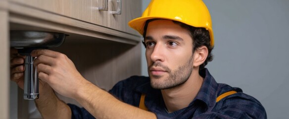 Frustrated maintenance worker battles a stubborn clogged drain in the dim kitchen cabinet.