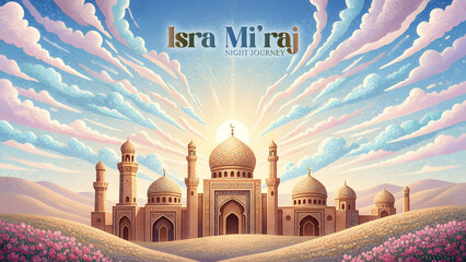 Majestic mosque at sunrise with vibrant clouds and flowers