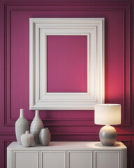 White ornate picture frame on magenta wall with decorative vases and lamp