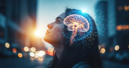 Woman Thinking with Brain Visualization in City