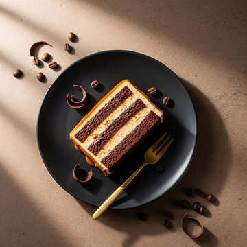 Top view of layered chocolate and vanilla cake slice on a black plate with coffee beans and chocolate curls, artistic food styling, warm light, minimal composition.