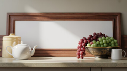 White teapot yellow canister grapes in ornate bowl and white mug on counter