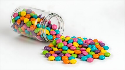 Brightly colored candy-coated chocolate pieces spilling abundantly from a clear glass jar onto a clean white surface.