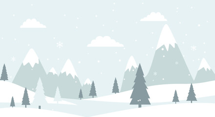 Serene winter landscape illustration with snowy mountains, pine trees, and falling snow for holiday backgrounds and seasonal nature themes.