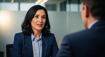 A woman in a blue suit talking to a man in a suit.