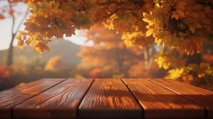 Wooden table surface with vibrant autumn foliage background and dappled sunlight