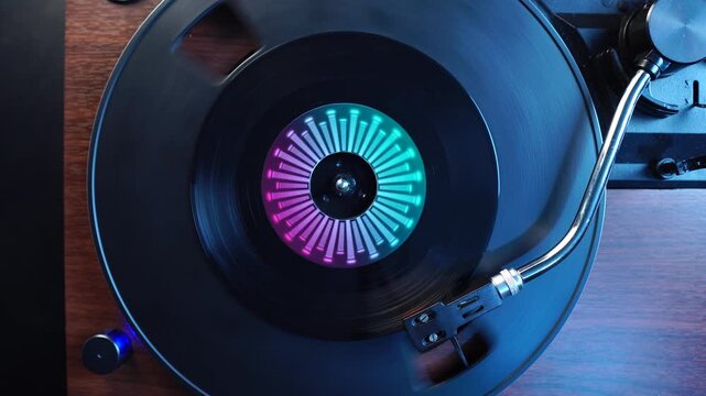 Starting Playback of Single 45 RPM Vinyl Record on Turntable, Top Down View