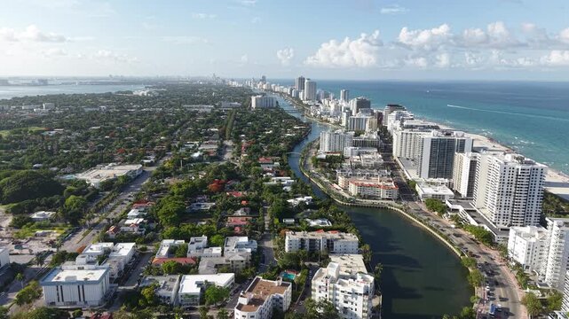Aerial View of Miami Beach. Waterfront Buildings, La Gorce Island and Indian Creek, Drone Shot