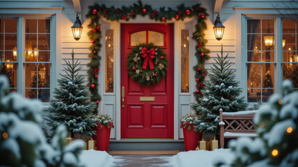 Christmas Doorway Decor &ndash; Festive Red Door with Wreath and Garland for Holiday Home Styling and Seasonal Greeting Cards
