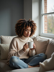 Thoughtful Woman Enjoying Warm Beverage &ndash; Autumn Comfort and Relaxation for Lifestyle Blogs, Wellness Content, and Seasonal Mood Inspiration