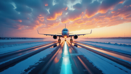 Airplane Takeoff on Snowy Runway &ndash; Dramatic Twilight Scene for Winter Holiday Travel and Transportation Blogs