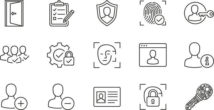 Professional user security and identity verification line icon set featuring biometrics, facial recognition, fingerprint scan, and secure data protection symbols.
