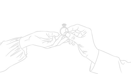 Line art illustration depicting a romantic marriage proposal with hands exchanging a diamond engagement ring