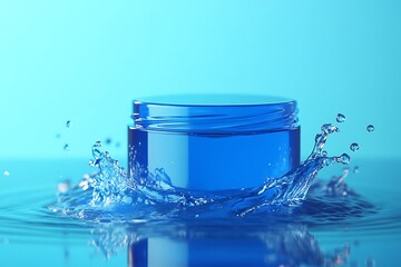 A refreshing blue moisturizer jar splashing into pure water, symbolizing hydration and revitalization with a vibrant blue hue and clean minimalist style.