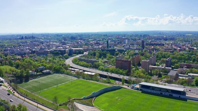 Wide drone shot of football stadium bazaly and ostrava city center