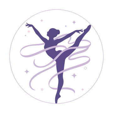 Elegant ballerina in a graceful pose within a circular lavender frame