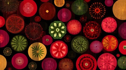 Abstract Retro Circular Pattern with Vibrant Floral Motifs on Black Background