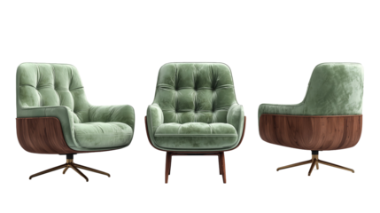 Elegant tufted sage green velvet armchair featuring rich wood accents and a modern swivel base on transparent background